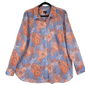 Talbots Paisley Long Sleeve Button Top Sz 1X Blue Cotton